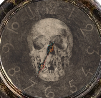 An old, seemingly burned brass clock. Its face has a faded skull behind it and hand-written numbers. There is only a single hand on it that seems warped between the colors red and blue. The hand points to the number 7.